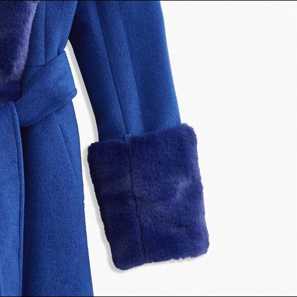 WOOL-BLEND FAUX FUR FUZZY CUFF OVERCOAT Winter Coat Outerwear - Picture 9 of 11